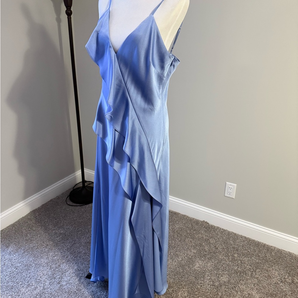 Gianni Bini Satin Ruffle Maxi Dress in Chambray